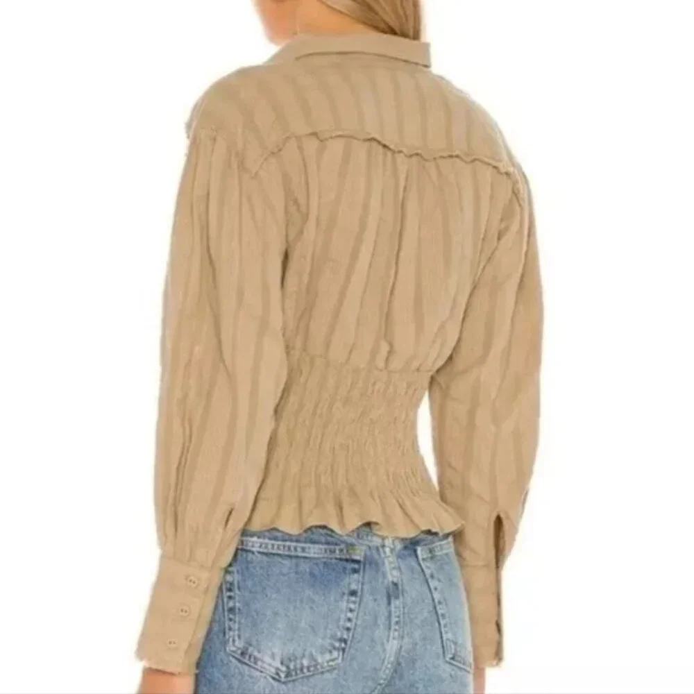 Free People Tammy Textured, Ruched Khaki Button Down